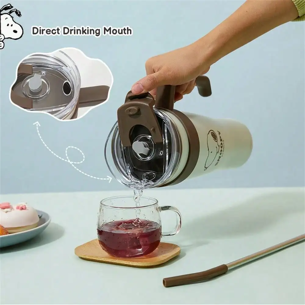 سنوبي سلسلة 1600 مللي/54.11 أوقية العملاق القش الصلب كوب أنيمي الكرتون المحمولة سعة كبيرة زجاجة ماء الترمس فنجان القهوة هدية