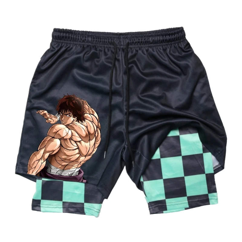 Baki Hanma Anime 2 In 1 Gym Shorts for Men Quick Dry Stretchy Board Shorts Male Summer Bodybuilding Fitness Running Short Pants