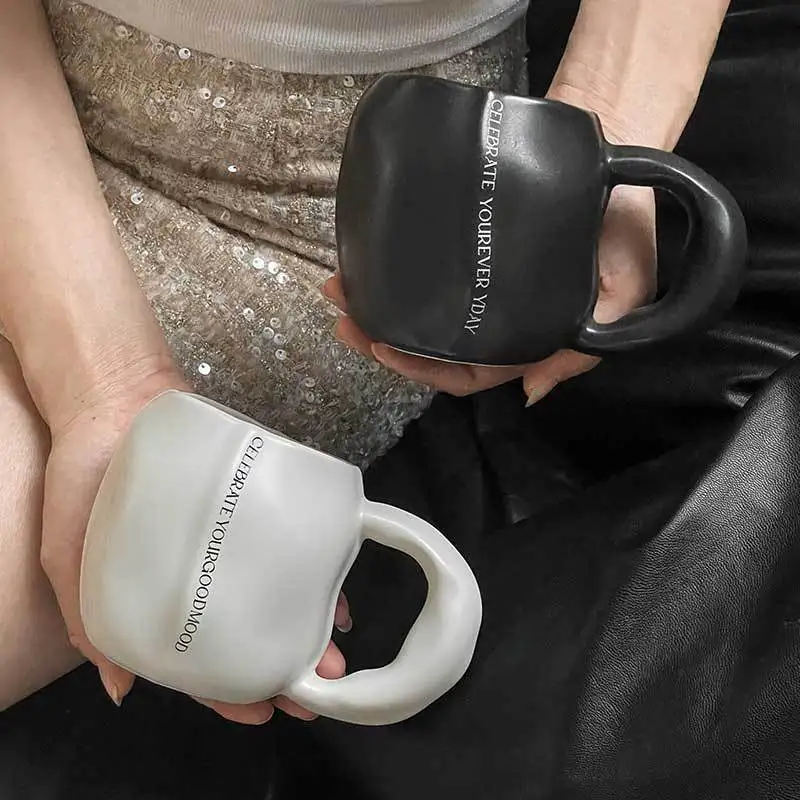 Simple Matte Black White Ceramic Mugs,Office Coffee Milk Couple Cups,Home Text Pattern Mug,Irregularity Drinkware,Holiday Gifts