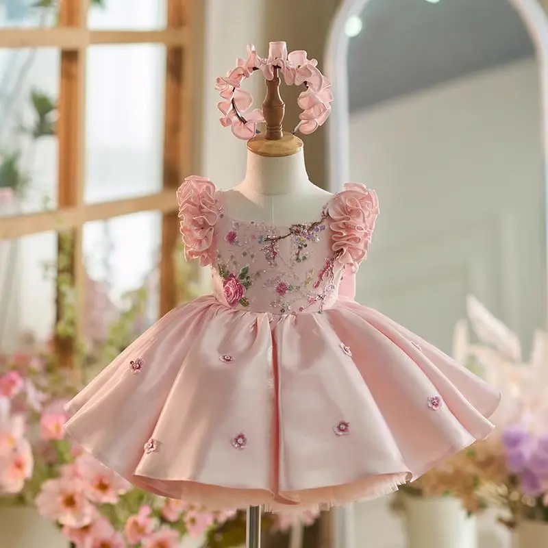 

Baby Girls Summer Sweet Floral Princess Ball Gown mbroidered lace small flying sleeve Backless Sundress Birthday Holiday Party