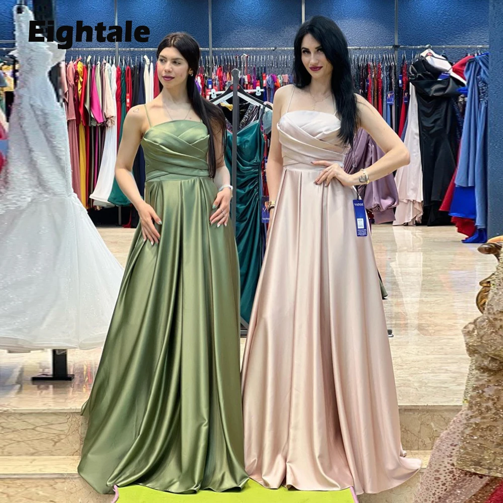 

Eightale Arabic Prom Dresses Simple Satin Spaghetti Strap Pleats A-Line Evening Gowns Party Dress for Wedding robes de soirée