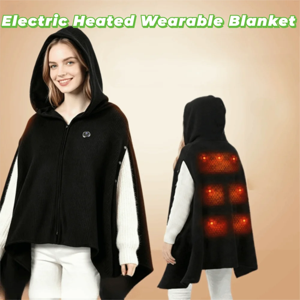 Graphene Electric Heated Wearable Blanket with Hoodie USB Charging Heating Wrap Blanket Black Zippered Heated Nap Blanket