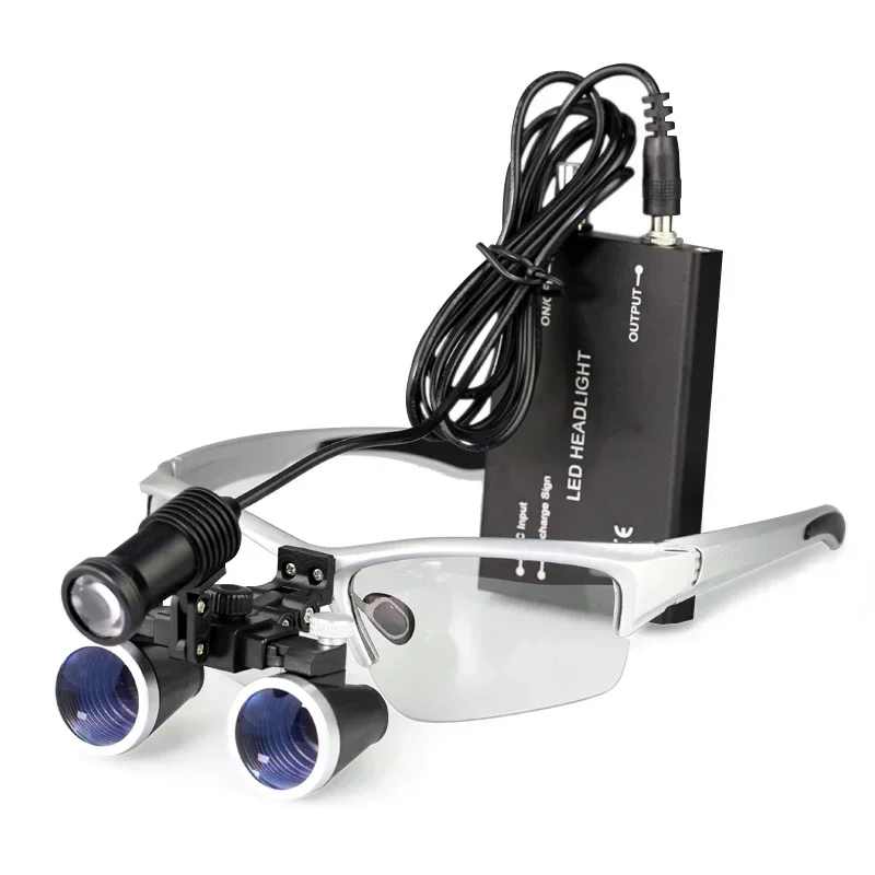 Rechargeable Battery and Binocular Dental Loupes with 2.5X/3.5X Magnification 5W LED Headlight, Yellow Filter, Metal Storage Box