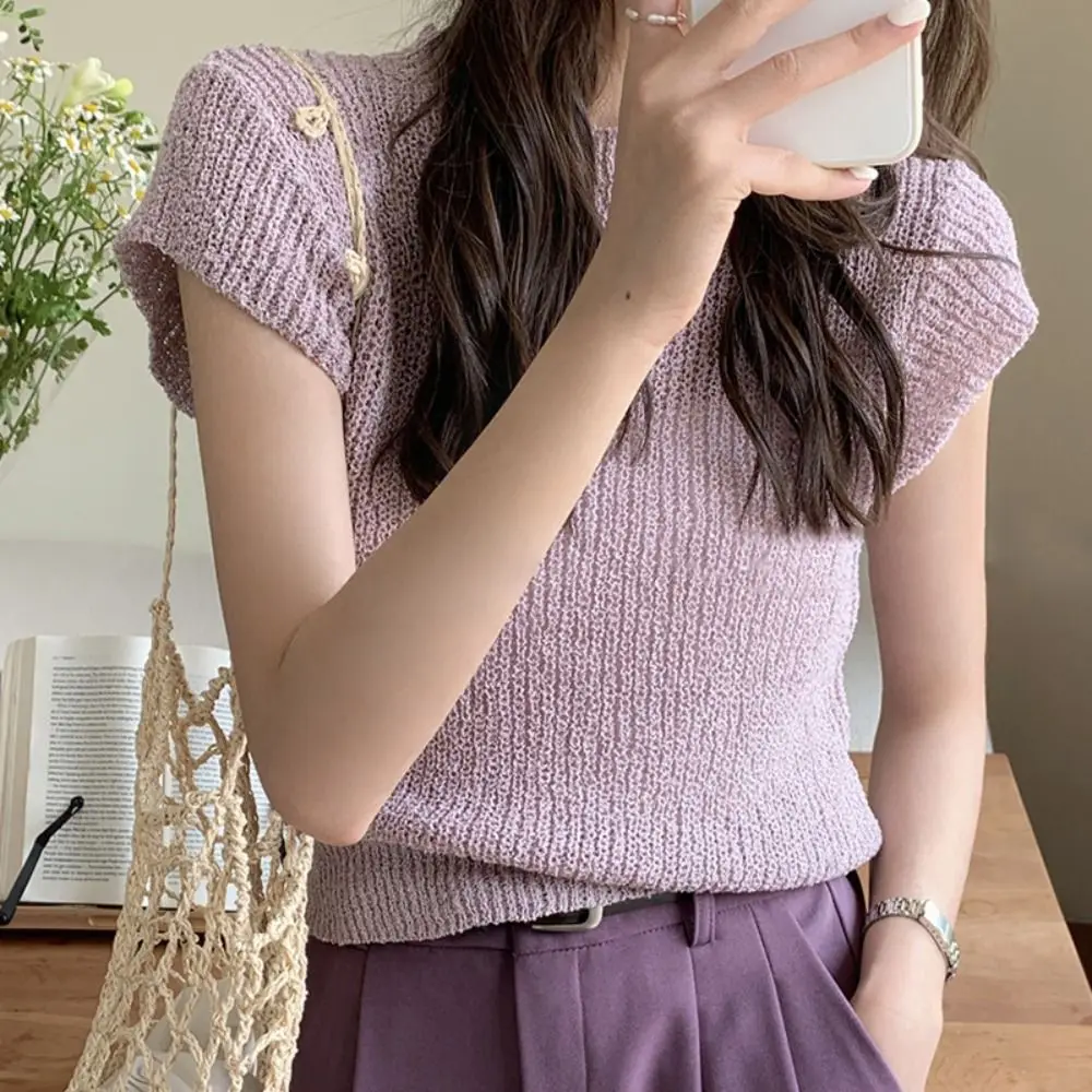 knit Fashion Vest NEW Solid Loose Knitted Tops All-Match Elegant Round Collar Short Sleeve Office Lady