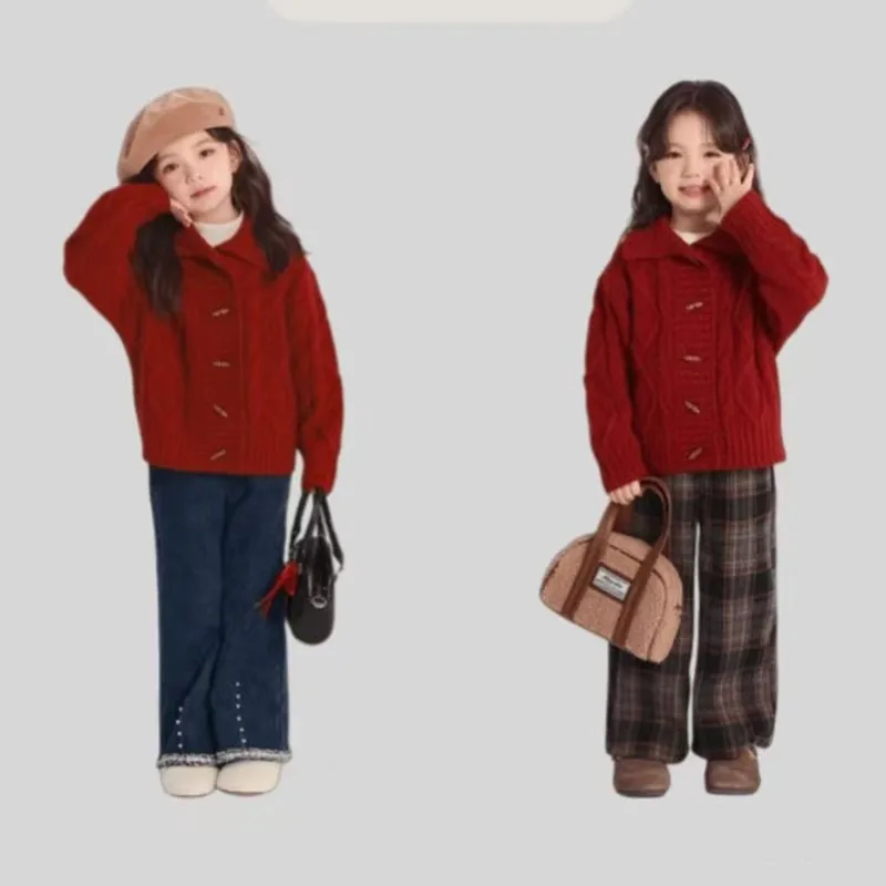Girls' Sweater Jacket Autumn/Winter 2026 New Collection Children's Retro New Year Red Knitted Sweater Cardigan