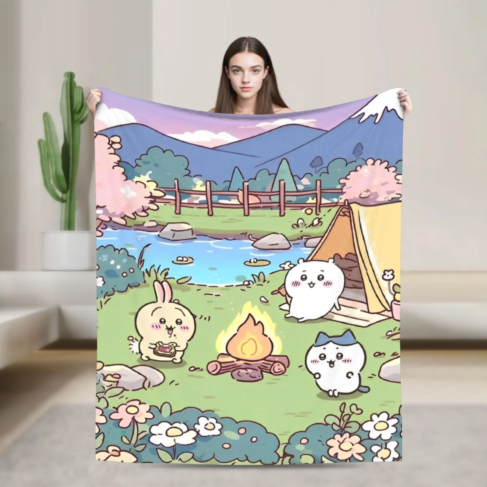 Cute Cartoon Manga Chiikawas Flannel Throw Blankets for Sofa Outdoor Lightweight Thin Bedroom Quilt,