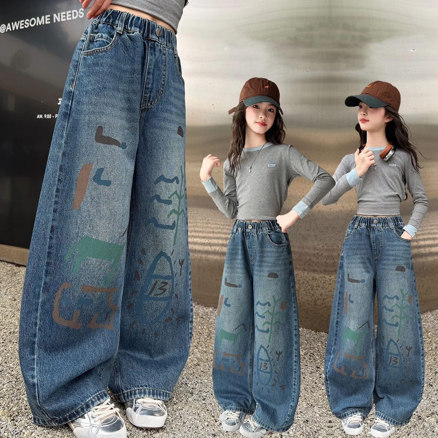 Teen Girls American-style Vintage Hip hop Ripped Graffiti Denim Pants Girl Summer Streetwear Trendy Design Loose Wide-leg Jeans