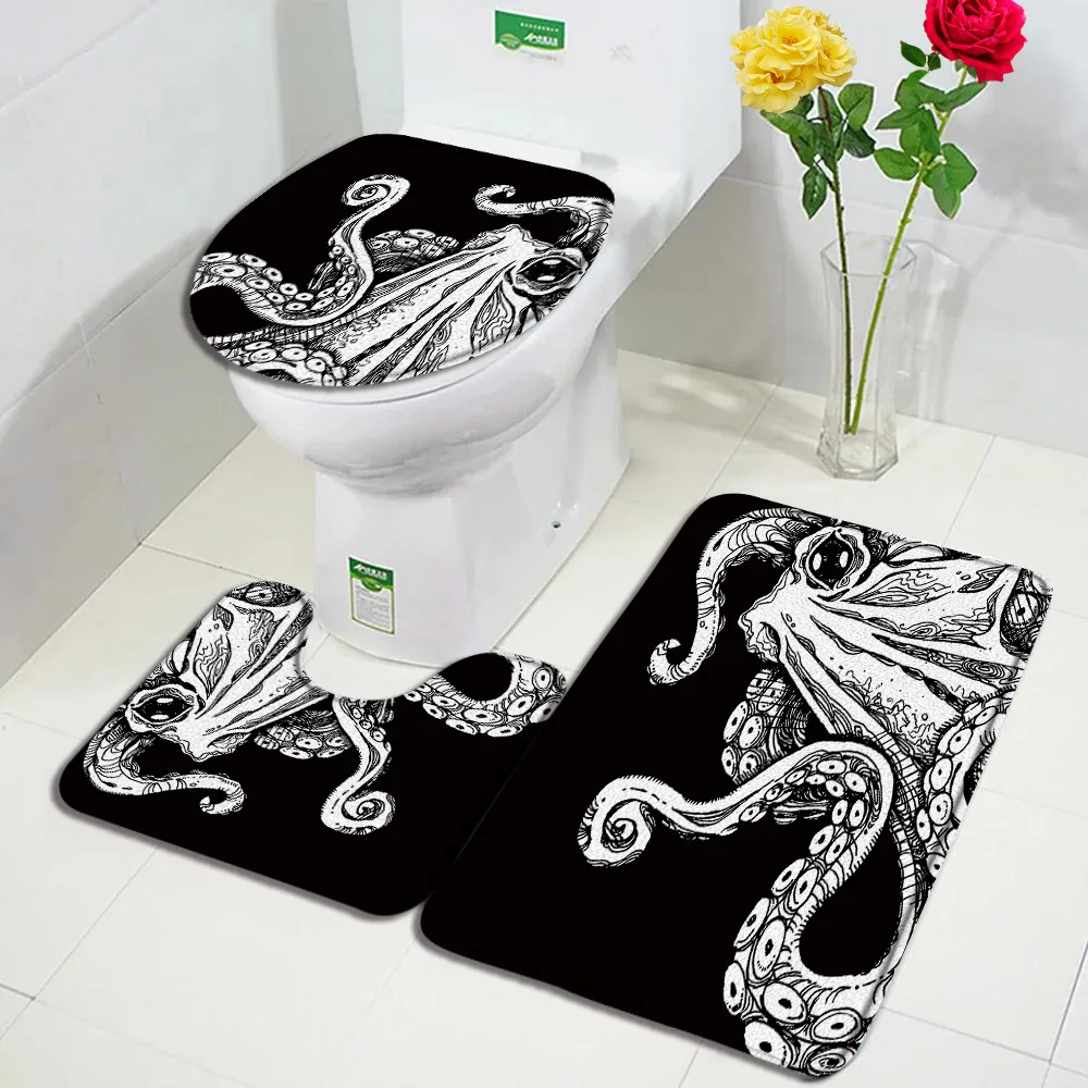 Funny Octopus Bath Mat Set Black And White Sea Animals Home Carpet Doormat Bathroom Decor Floor Rugs U-Mats Toilet Lid Covers