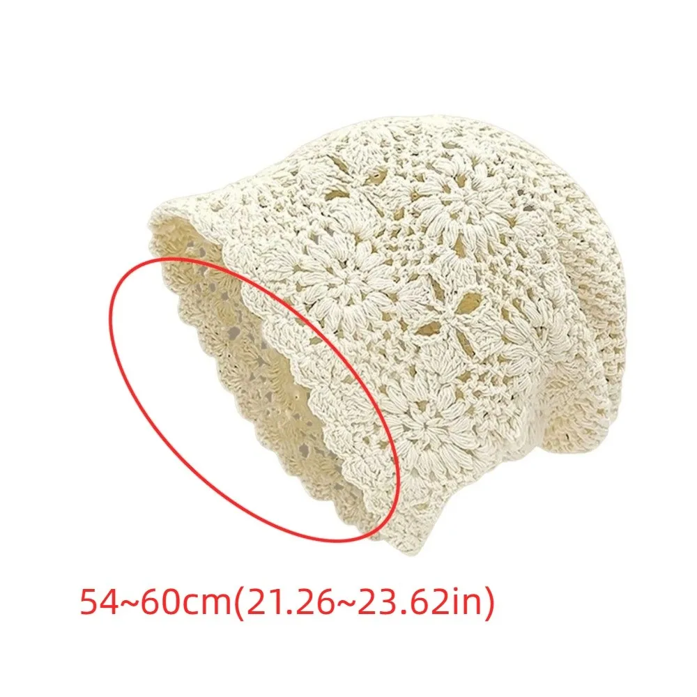 Vintage Bohemian Style Crochet Flower Knitted Hat Thin Korean Lace Woven Cap Handmade Apparel Accessories Knit Cap Outdoor