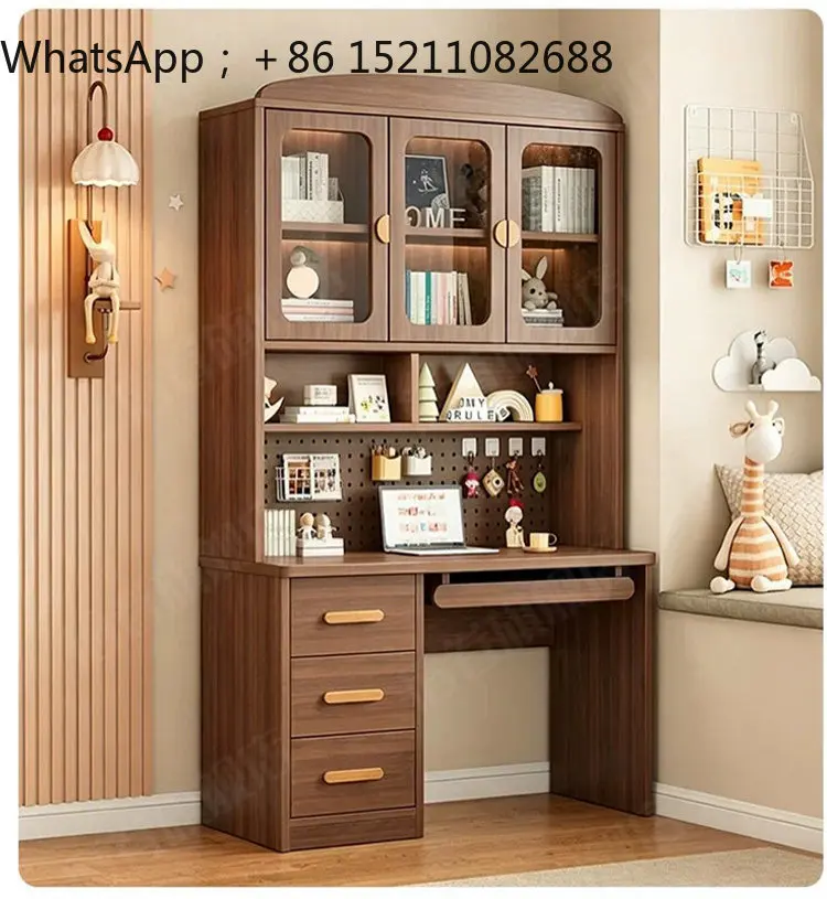 LLY Wooden Desk, Bookshelf, Bookcase Integrated Desk, Simple Home Bedroom Computer Study Desk 2