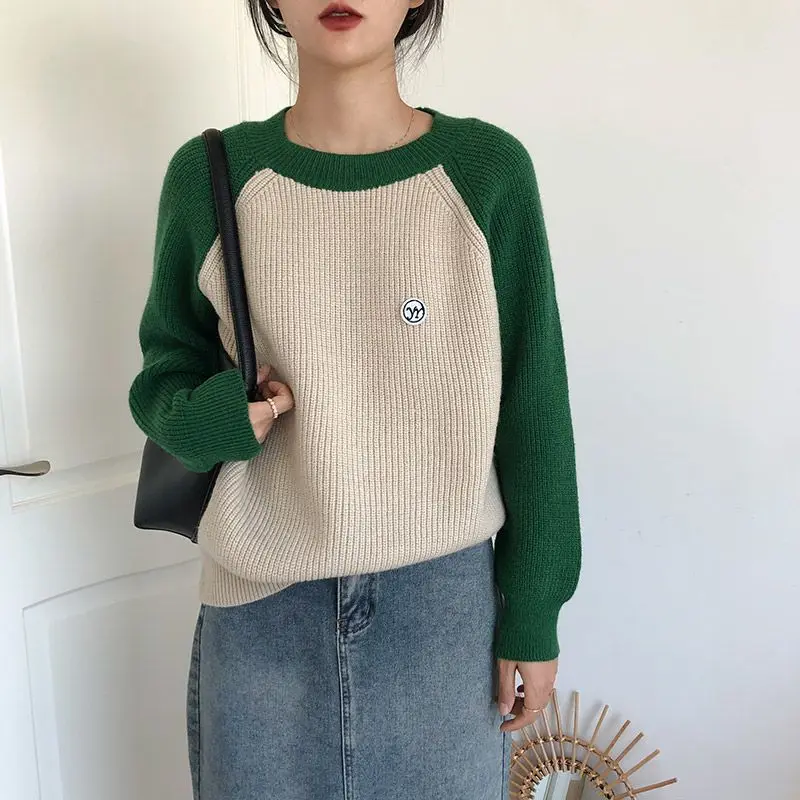 Casual Contrasting Colors Spliced Sweaters Women's Clothing Knitted Long Sleeve Autumn Winter Korean O-Neck Loose Basic Jumpers