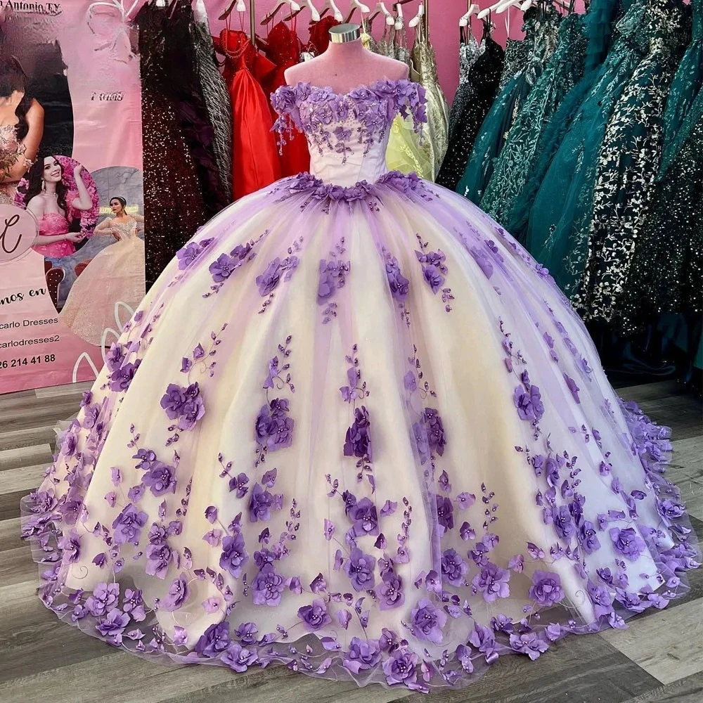 

Lilac Princess Quinceanera Dresses Ball Gown Off The Shoulder Floral Pearls Sweet 16 Dresses 15 Años Custom