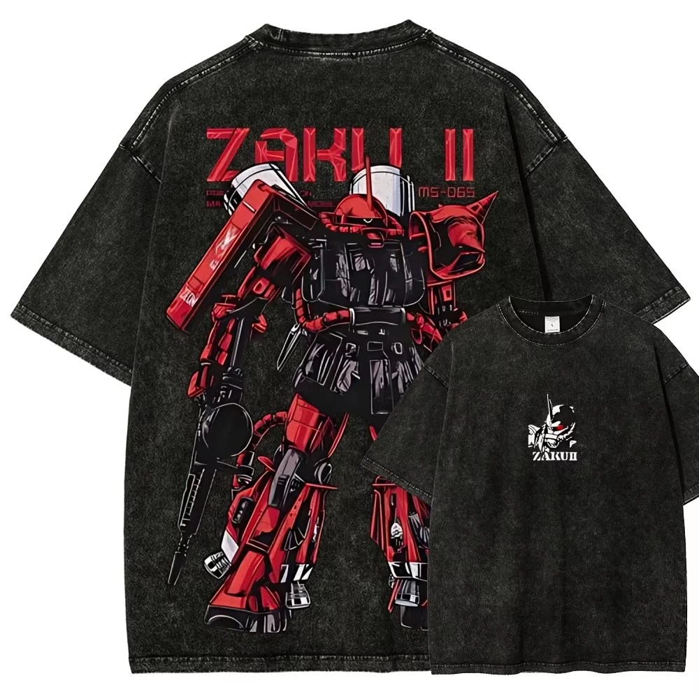 Zaku II T Shirt Char Aznable Men Vintage Acid Wash Mecha MS-06S Streetwear Retro Mobile Suit Zeon Graphic Tee 2026 New Summer