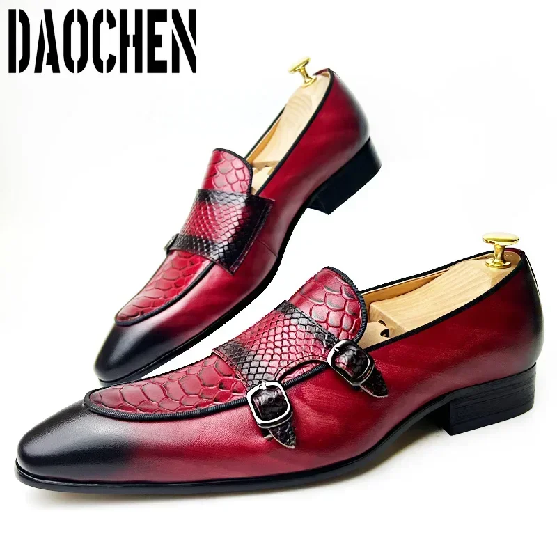 

Luxury Men Loafers Shoes Red Black Snake Prints Double Monk Strap Casual Mens Dress Shoes Wedding Banquet Shoes For Men