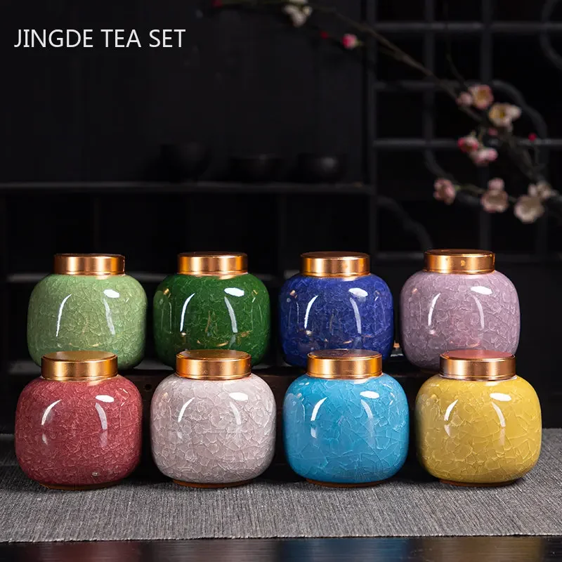 Ice Crack Glaze Metal Lid Tea Jar Ceramic Tea Storage Cans Portable Coffee Sealed Jars Kitchen Spice Moisture Proof Tank Teaware