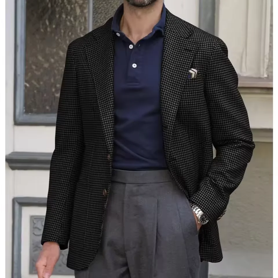 Vestes pour hommes nouvelle veste de costume pour hommes tissu pied-de-poule kaki mince simple bouto