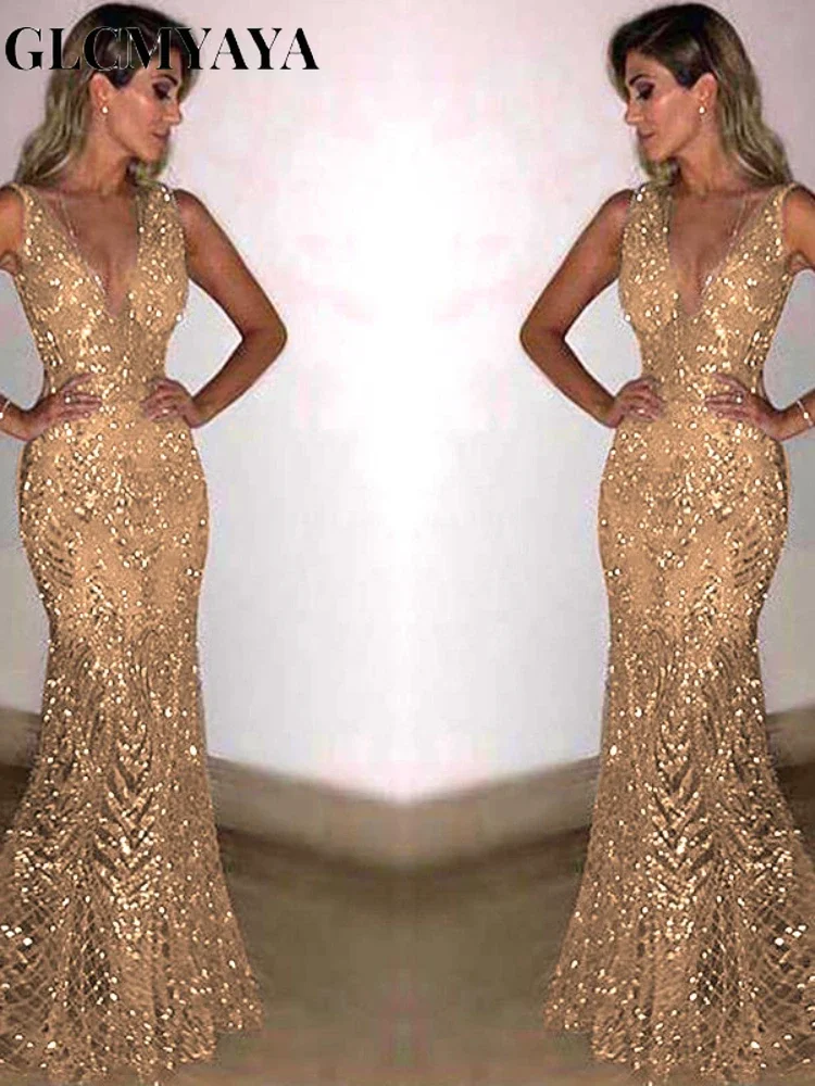 GLCMYAYA-Pailletten-Party-Abendkleider mit V-Ausschnitt in Gold für Damen, Ballkleid, Brautjungfernkleid für den Abschlussball, elegantes Damen-Bankettkleid