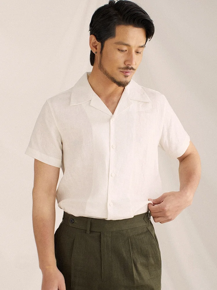 

Cultum 100% Linen Cuban Collar Casual Shirt Men's Short Sleeve Loose Business Casual Shirt Breathable Lightweight Summer Shirt