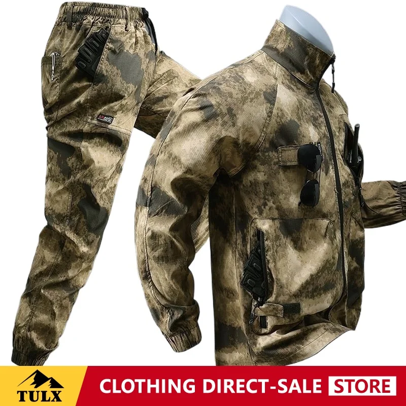 Summer Workwear Set Men Lightweight Mesh Elastic Quick Drying Camouflage Suit Wear-resistant Breathable Work Outdoor Workwear