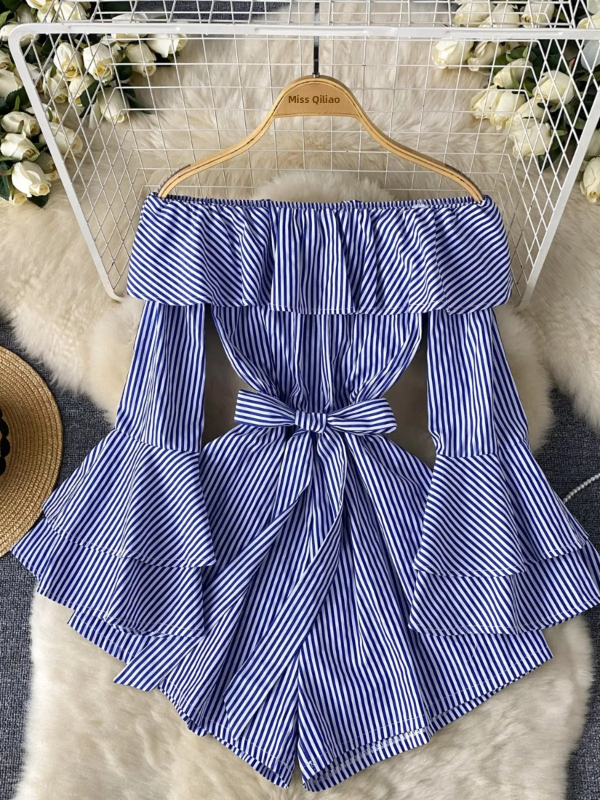 

Summer New Women's One-Piece Pants Striped Wide Leg Petal Sve High Waist ort orts Commute Sle Regular Thin