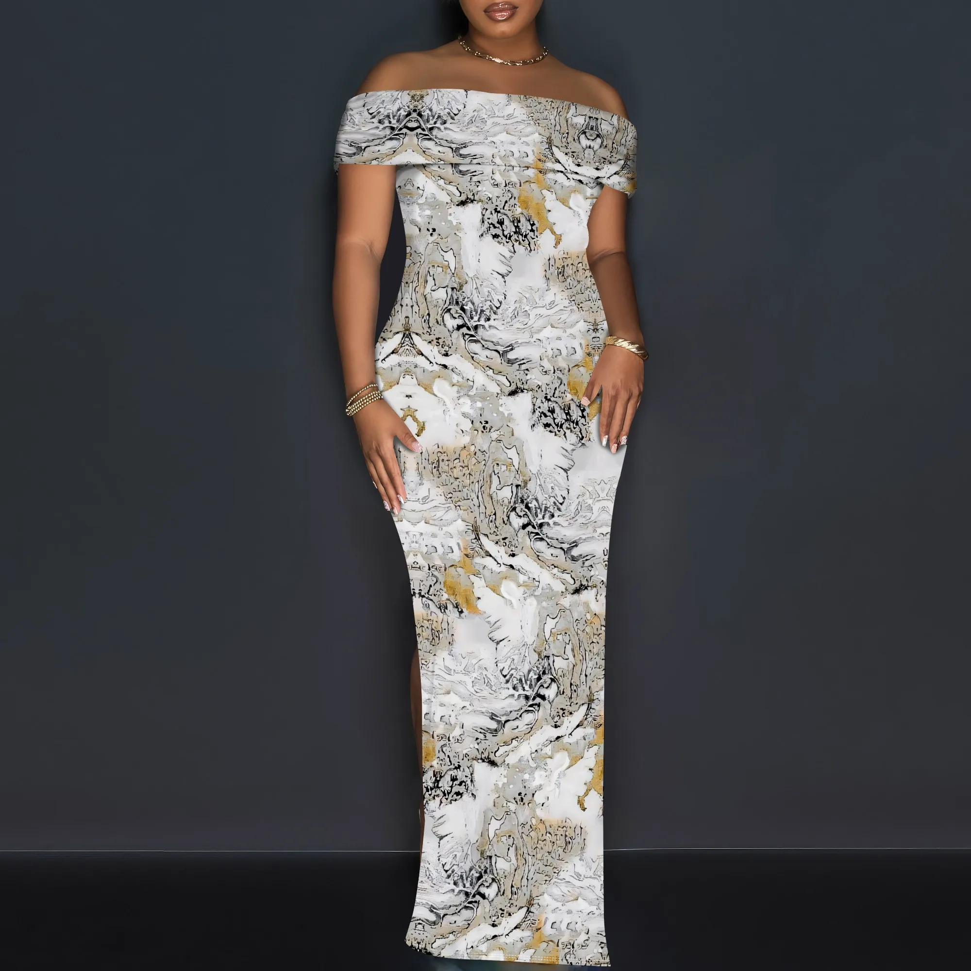 

Women's Green Leaf Short Sleeve One-Shoulder Slit Printed Maxi Dress Polyester Vacation Fall Elegant