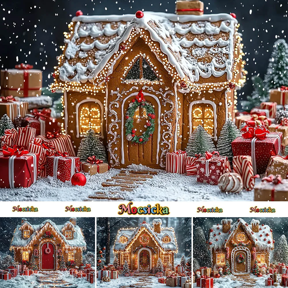 Mocsicka fondo de fotografía, decoración de Navidad, cabaña de pan de jengibre, nieve, vacaciones para niños, accesorios de estudio fotográfico