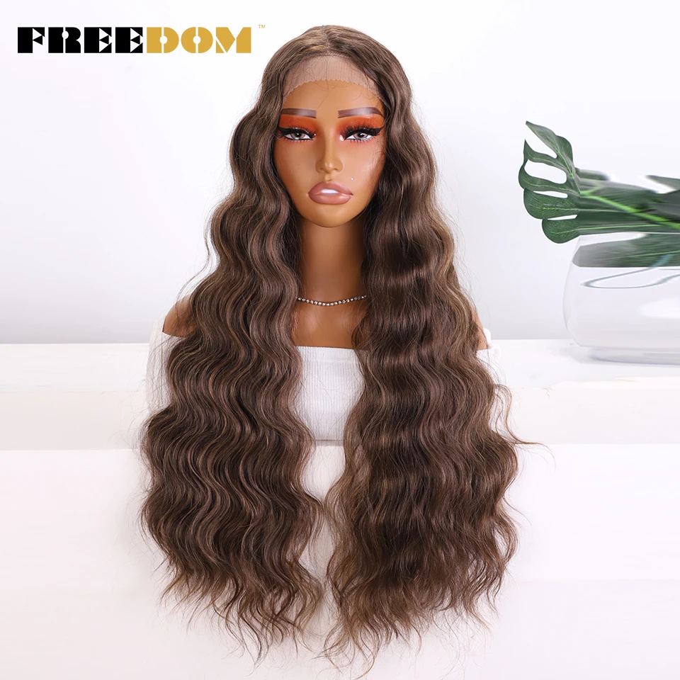 LIBERDADE-peruca dianteira do laço sintético da onda profunda do corpo para mulheres, Ombre longo, marrom, loiro, Ombre, Cosplay, cabelo, resistente ao calor