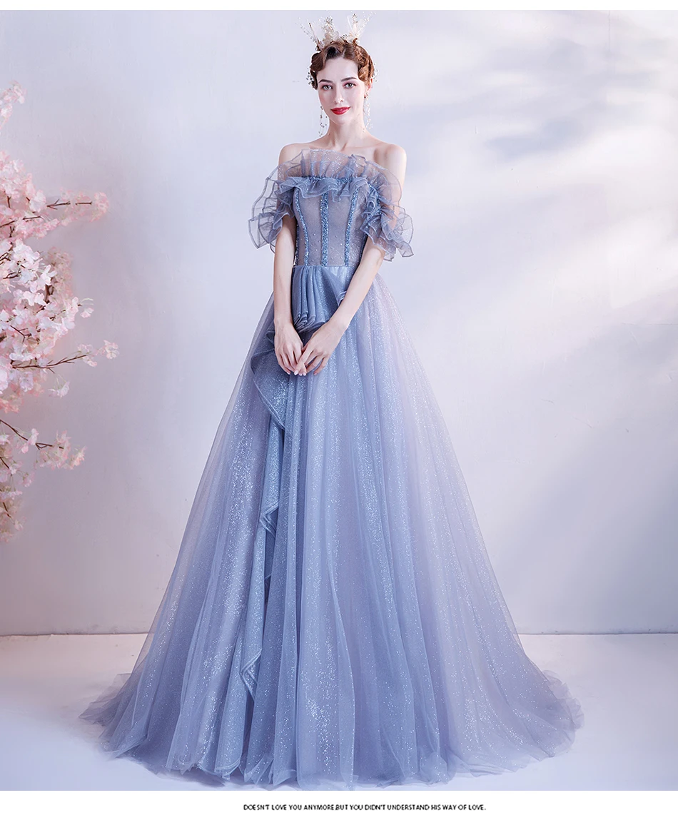 

New bridal banquet long dress host gradient blue bright starlight Catwalk evening dress Formal dress women elegant shiny dress