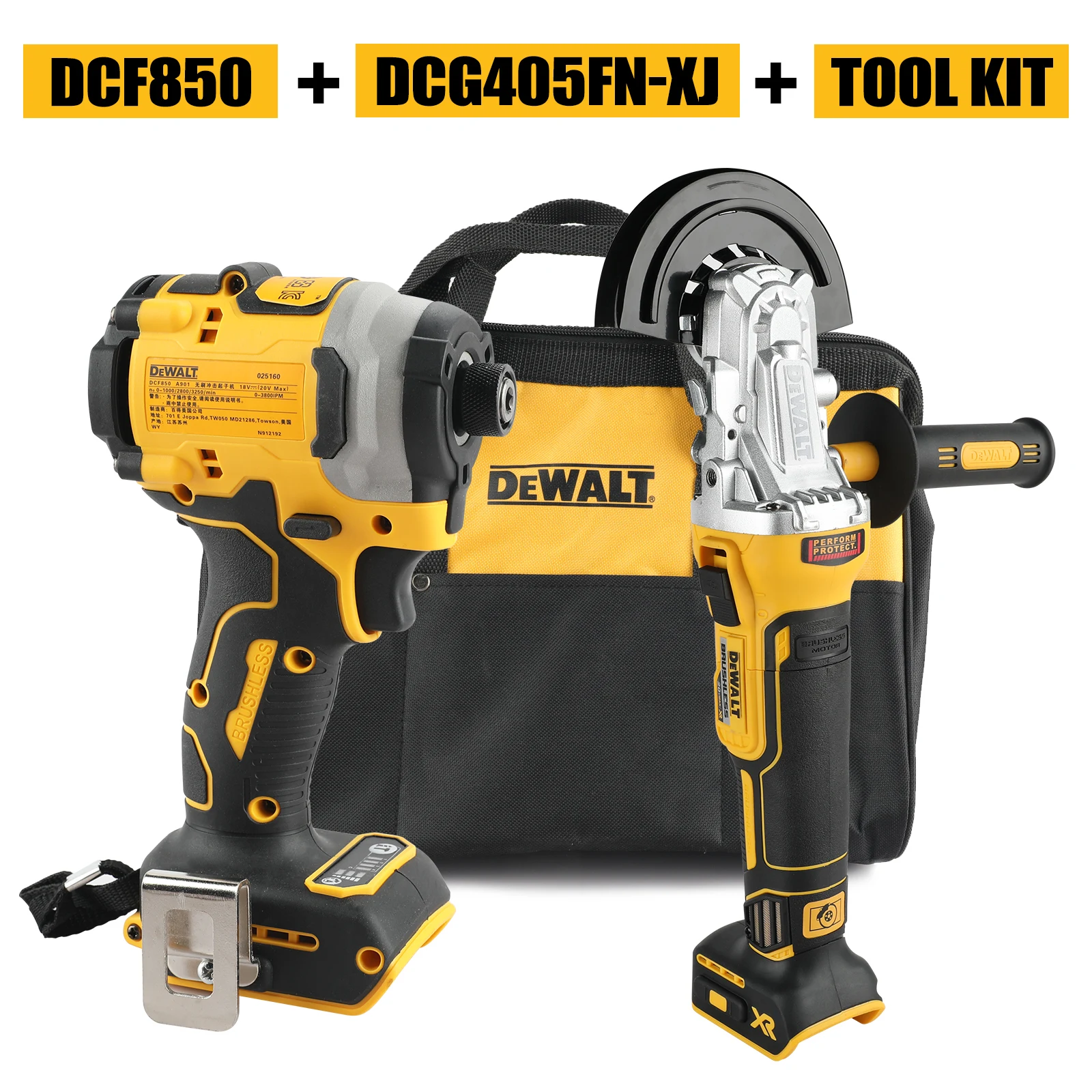 

Dewalt DCF512 DCF850 DCD805 DCG405FN DCF887 DCG405NT DCF880 DWBAG A combination set of two tools and one toolkit