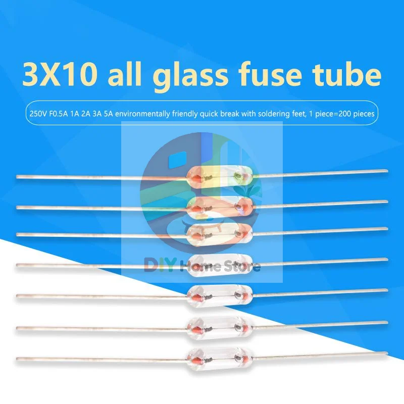 200PCS 3*10mm Pre-wired Axial Fast Glass Fuse Set 0.5A-5A for Student Electronics Experiment Home Repair