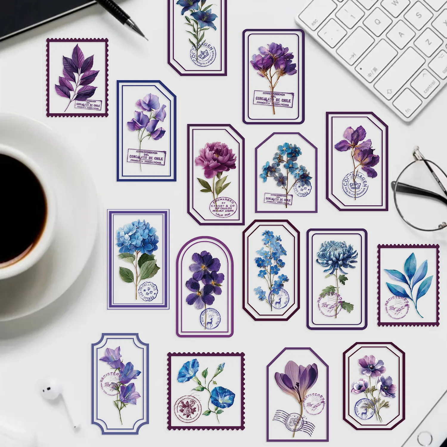 50 قطعة من ملصقات نباتات الأزهار العتيقة ذات اللون الأرجواني والديكور الإبداعي الجمالي ومستلزمات دفتر الملاحظات اليدوية وملصقات الملصقات #6