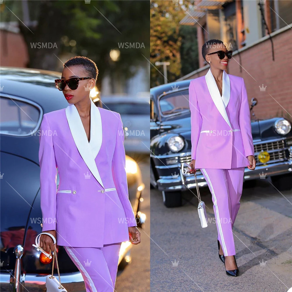 Purple Women Suits Fashion Shawl Lapel Basics Solid Color Blazer Office Lady Formal Casual Slim Fit Pants Set Elegant 2 Piece