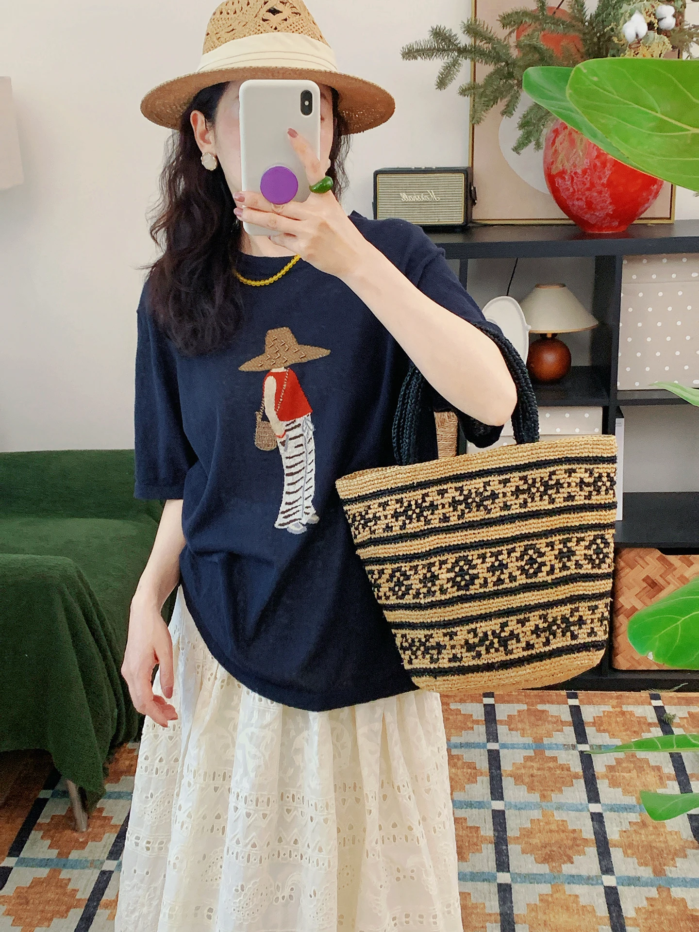 

Handmade Beaded Cool Raindrop Flax Korean Cartoon Embroidery Short Sleeve Knitted round Neck T-Shirt Women Summer Casual Loos...