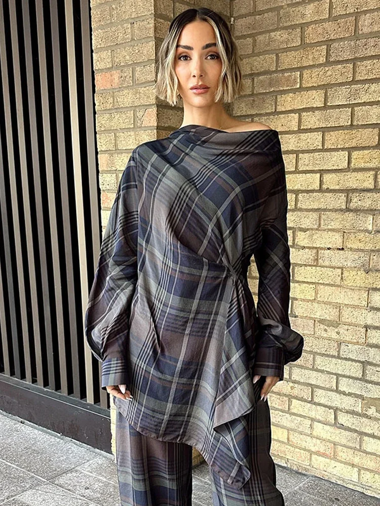 Plaid Patchwork Hose Frauen Set Skew-kragen Langarm Asymmetrische Tops Breite Bein Hosen 2026 Herbst Frühling Casual Straße dame Anzug