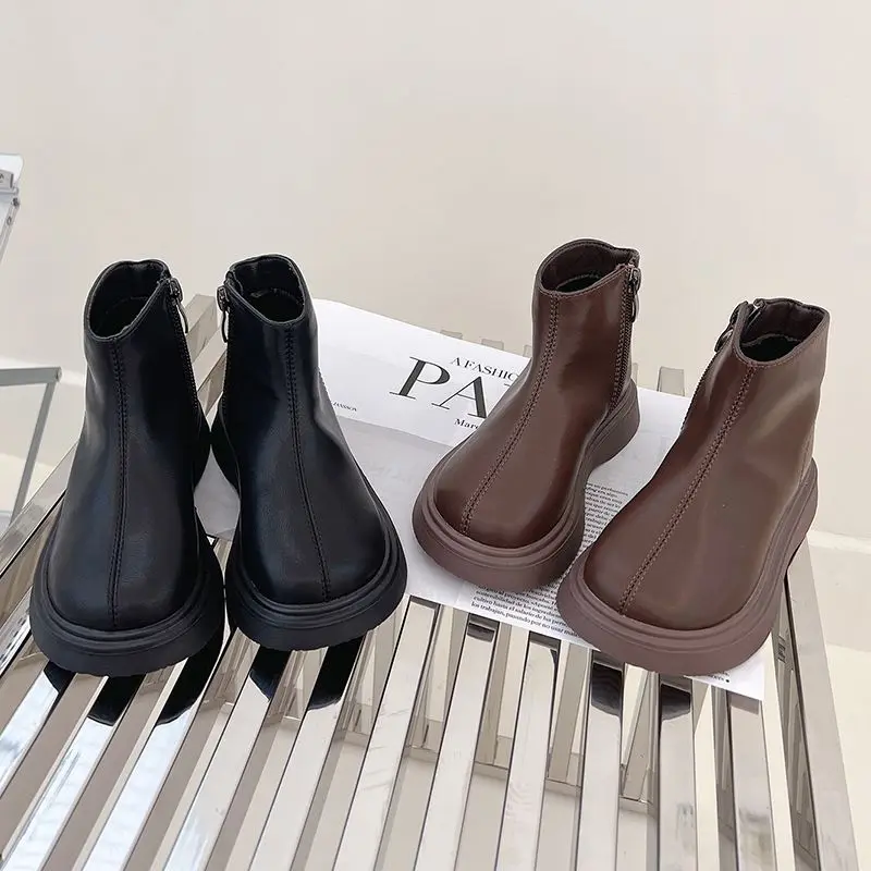 Classic Children's Black Boots Simple Thick Bottom Autumn Boots for Girls Matte PU Leather Kids Fashion Ankle Boots Round-toe