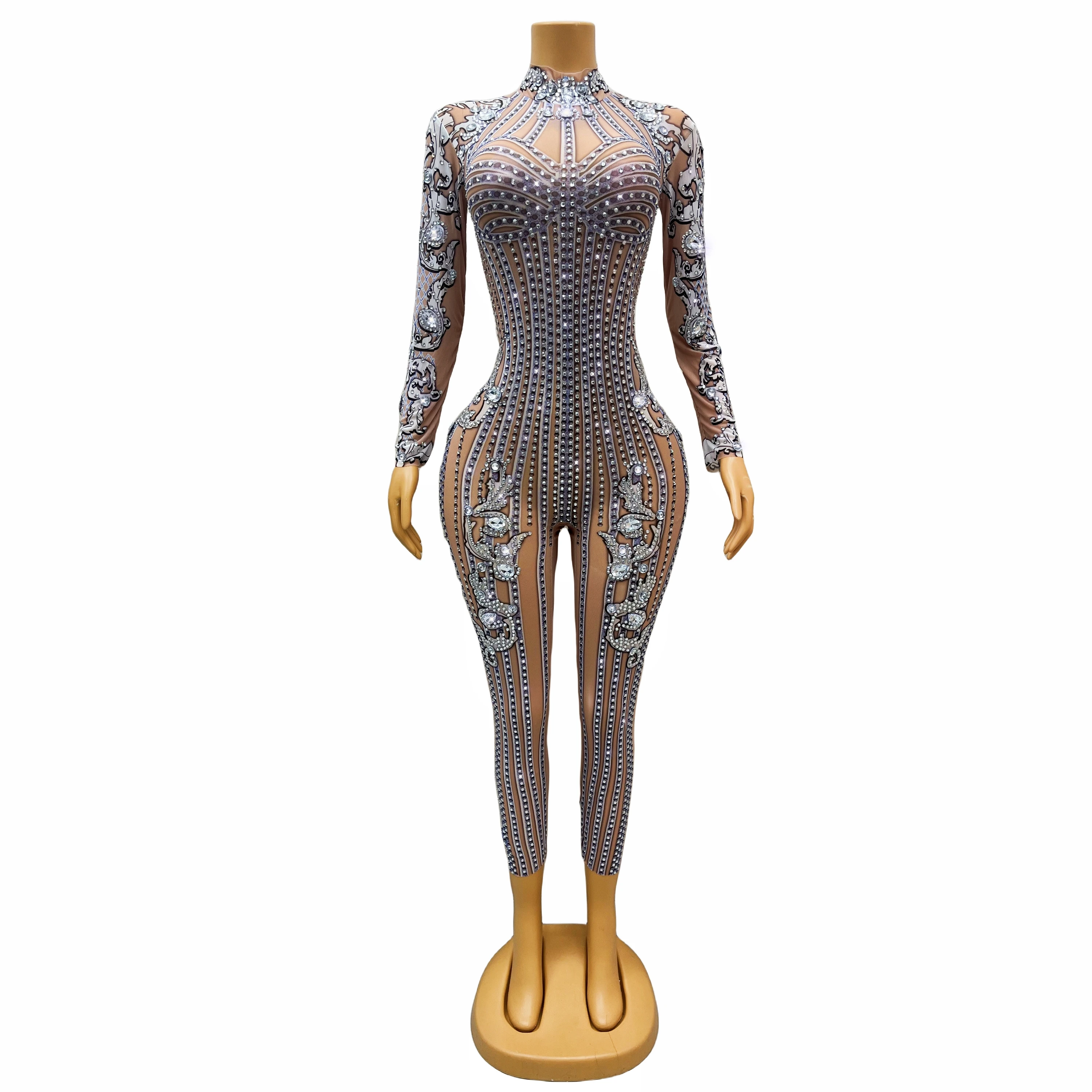 

Shining Silver Crystals Birthday Celebrate Bodysuit Prom Jumpsuit Outfit Sexy Long Sleeves Evening Costume duandai