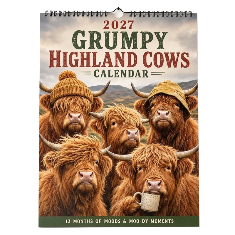Playful Cow 2027 Calendar with Monthly Paper Pages and Top Binding, Featuring Different Cow Artwork Each Month for Office D2RC