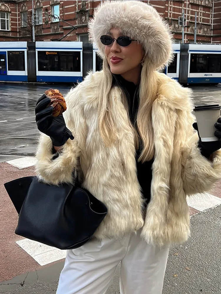 

Solid Fluffy Faux Fur Women Jacket Fashion Casual Stand Up Collar Single Breasted Loose Short Coats Lady Winter 2025 Streetwears