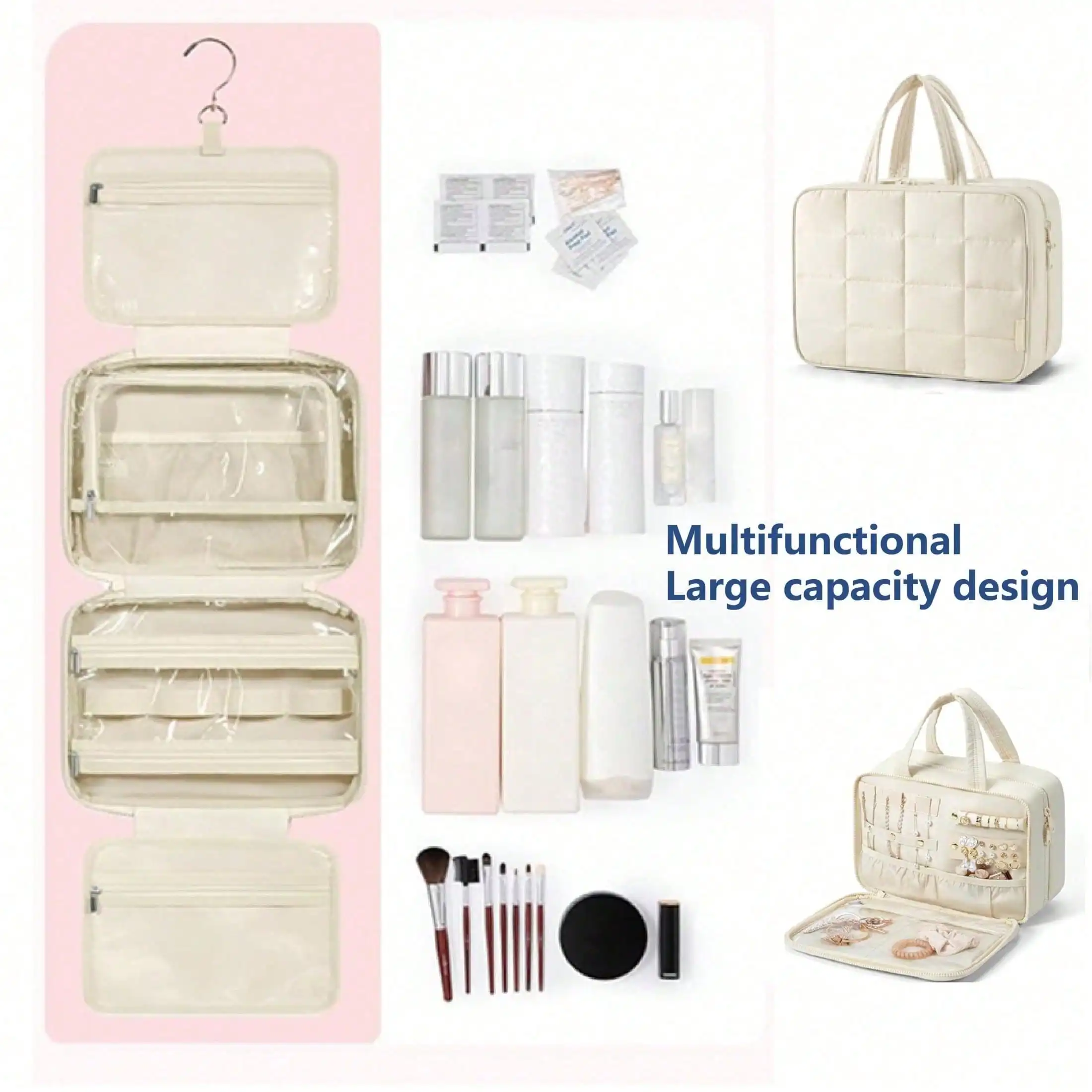 Travel Toiletry Bag With Jewelry Organizer,HangingTravel Bag For Toiletries,Puffy Makeup CosmeticBag Organizer,Carry-On Travel Accessories Essentials