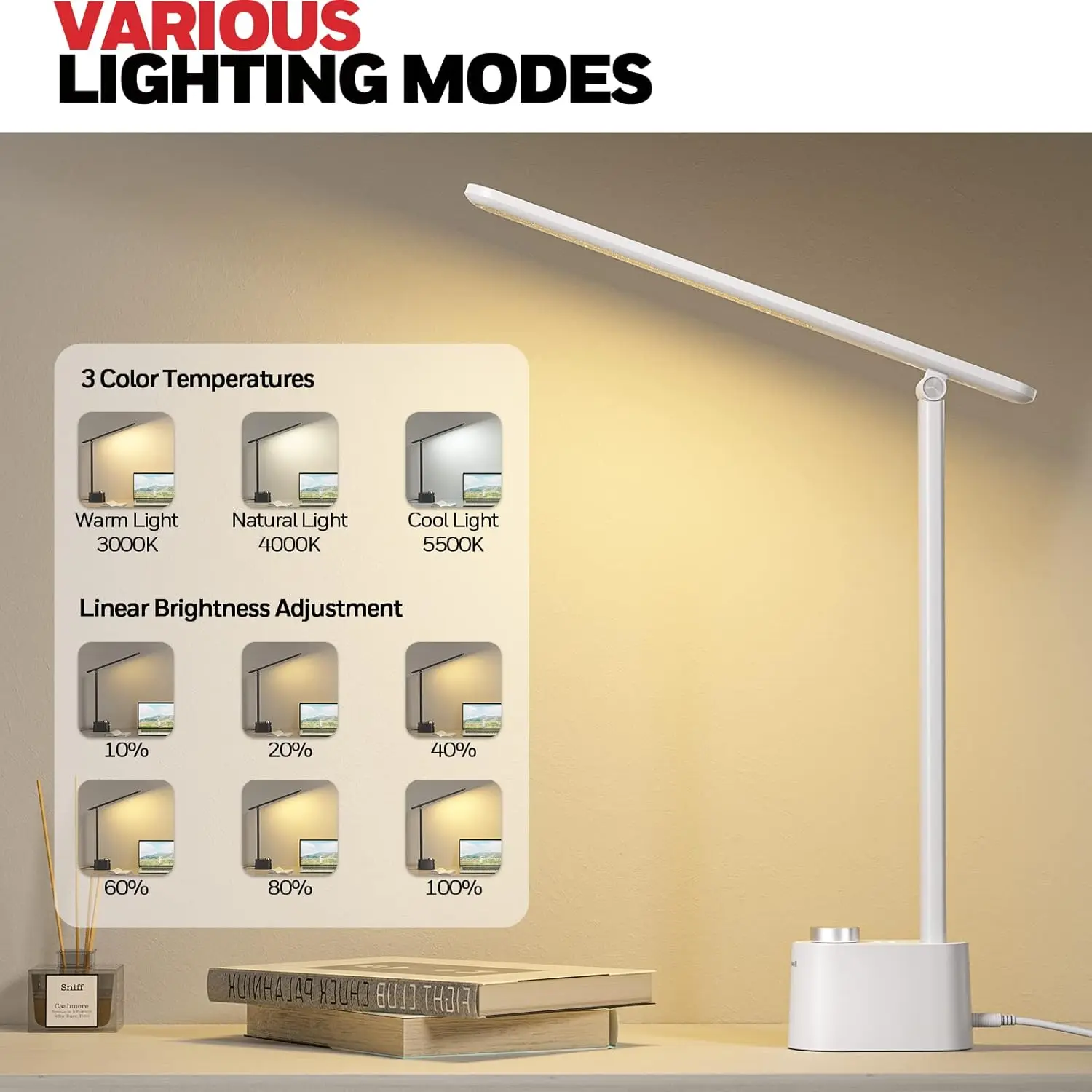 Lampe de bureau LED à intensité variable en continu avec Ports de chargement USB, lampe de table pliable pour le soin des yeux, pour la maison, le bureau et la chambre à coucher