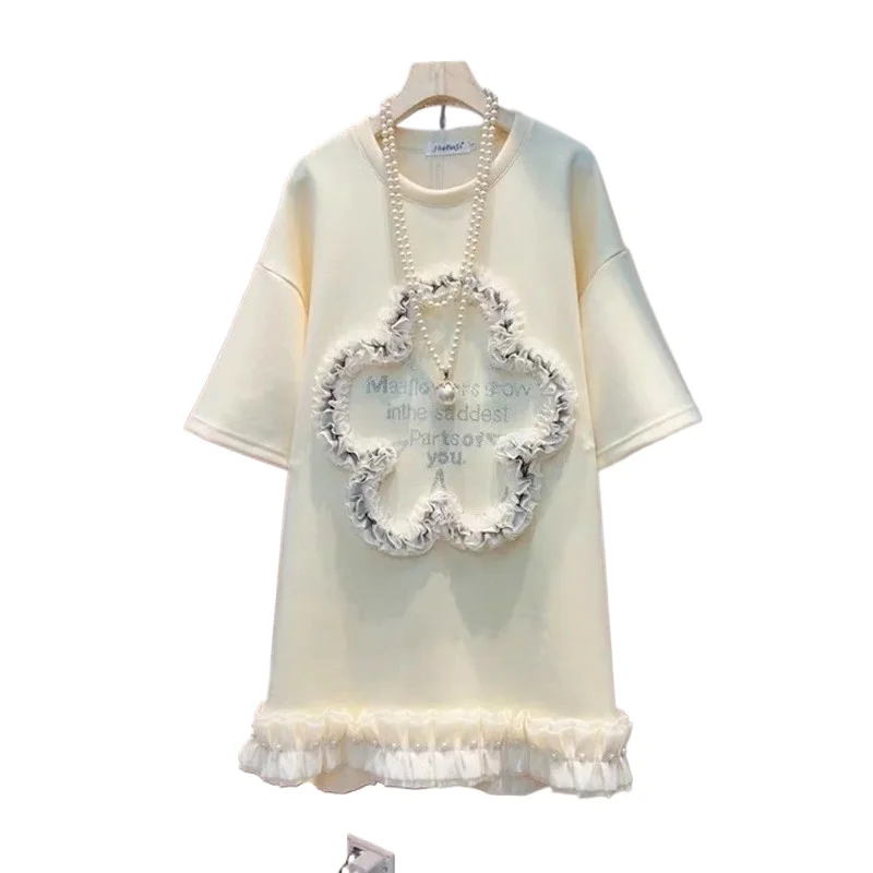 

Plus-size Women's Fat M M Winter New European Station Celebrity Style Three-dimensional Flower Hot Drill Letter Trend T-shirt