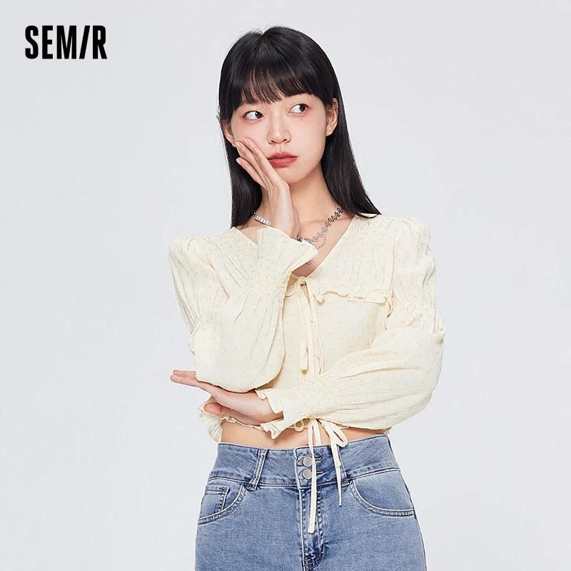 Semir Long-Sleeved Shirt Women Short Stringy Selvedge Literary 2022 Summer New Gentle Slim Texture Shirt