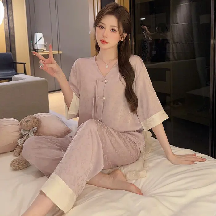 Ice Silk Pajamas Women's Chinese Style Disc Buckle Jacquard Loungewear Women Summer Thin three-quarter Sleeve Clothes for Women
