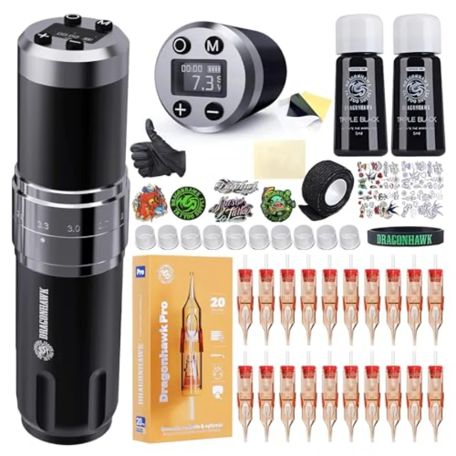 

Wireless Tattoo Gun Kit Rotary Tattoo Machine Pen with 2 Batteries Power Supply 20 Count Extra Smooth Needles Cartridges Adjust