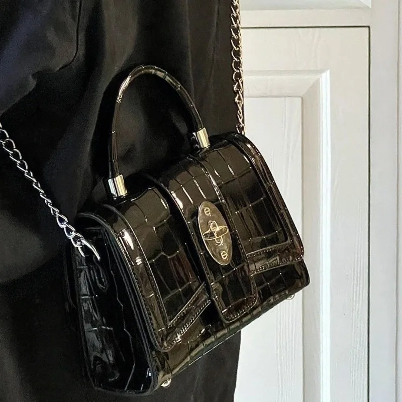 Glossy Black Crocodile Embossed Mini Tote Bag, Magnetic Buckle Pu Handbag Removable Chain Strap, Fashion Shoulder Crossbody Bag