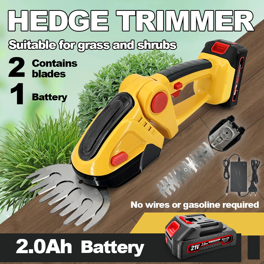 

2 Blades Handheld Hedge Trimmer Electric Pruning Shears Rechargeable 100MM Range Grass Trimmer Lawn Mower Gardening Tools