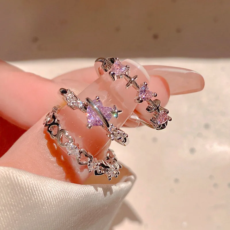 3Pcs/Set Hot Selling Sweet Cool Style Inlaid Pink Diamond Love Ring Set for Women's Personalized and High End Feel Accessories