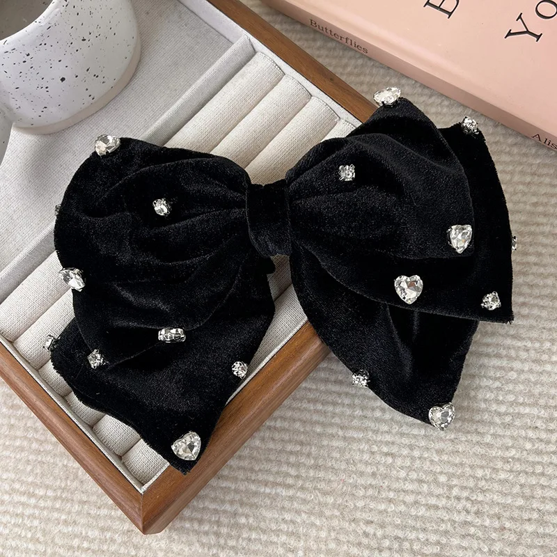 Luxury Bow Love Rhinestone Hairpins Fashion Black Velvet Large HairClips for Women Girls Sweet Temperament Barrettes Headdress