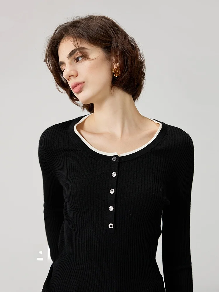 

Осенний вязаный свитер из 100% шерсти с воротником хенли, универсальный, стройнящий, модный, для повседневной носки, женская модная вязаная одежда