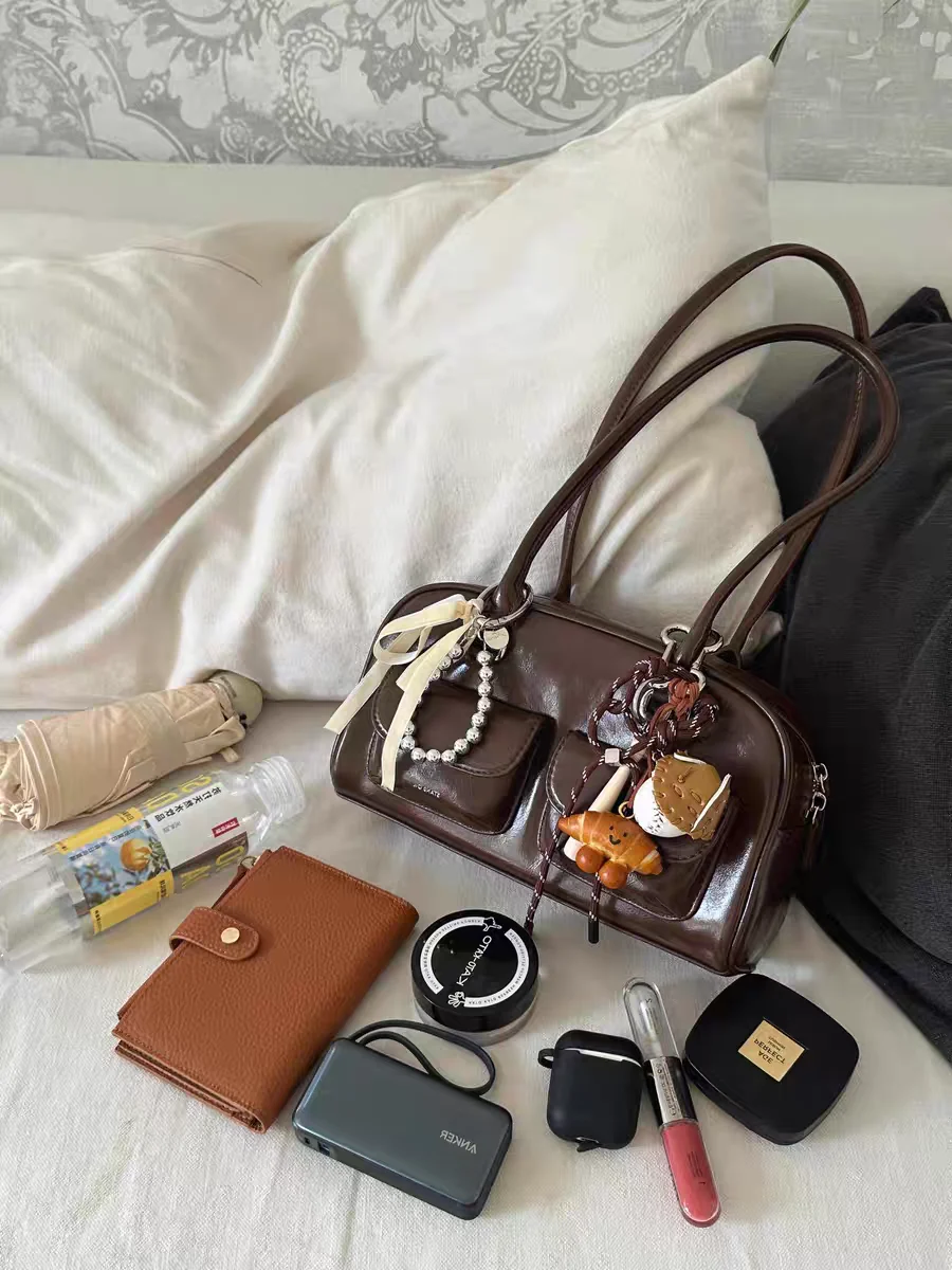 

Large Capaci Brown Retro Bowling Handbag Women's oulder Bag Soft Korean Sle Faionable Casual Purse Handbag